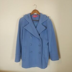 Anne Klein Double Breasted Pea Coat Women's Medium Blue Wool Blend Hooded